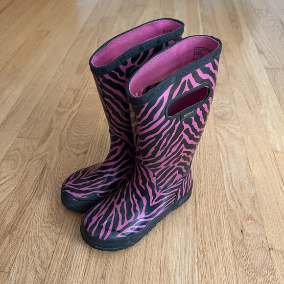 Bogs Kid's Pink Black Zebra Print Waterproof Rain Boots Youth Size 1 - Picture 1 of 10